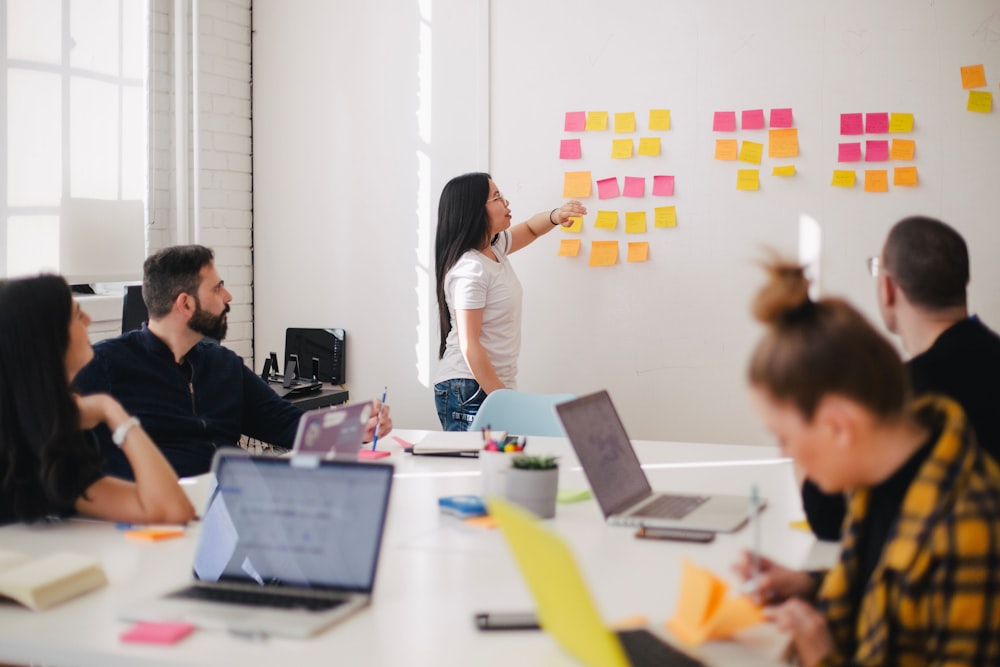 Group of colleagues in a meeting room as a woman presents ideas on a whiteboard covered with colorful sticky notes.