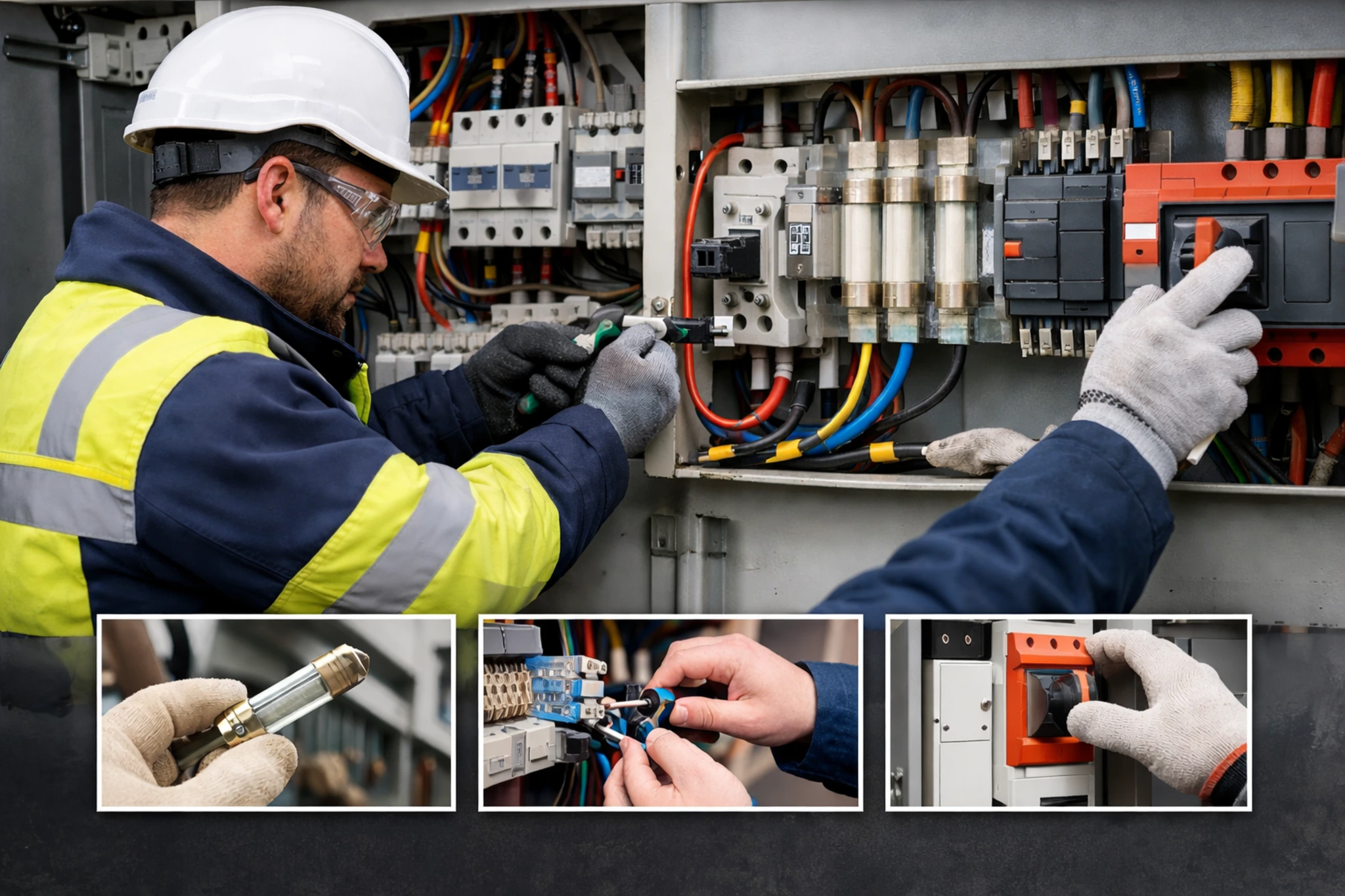 Electrician working on an electrical control panel in collage with close-ups of hands connecting wires and using tools.