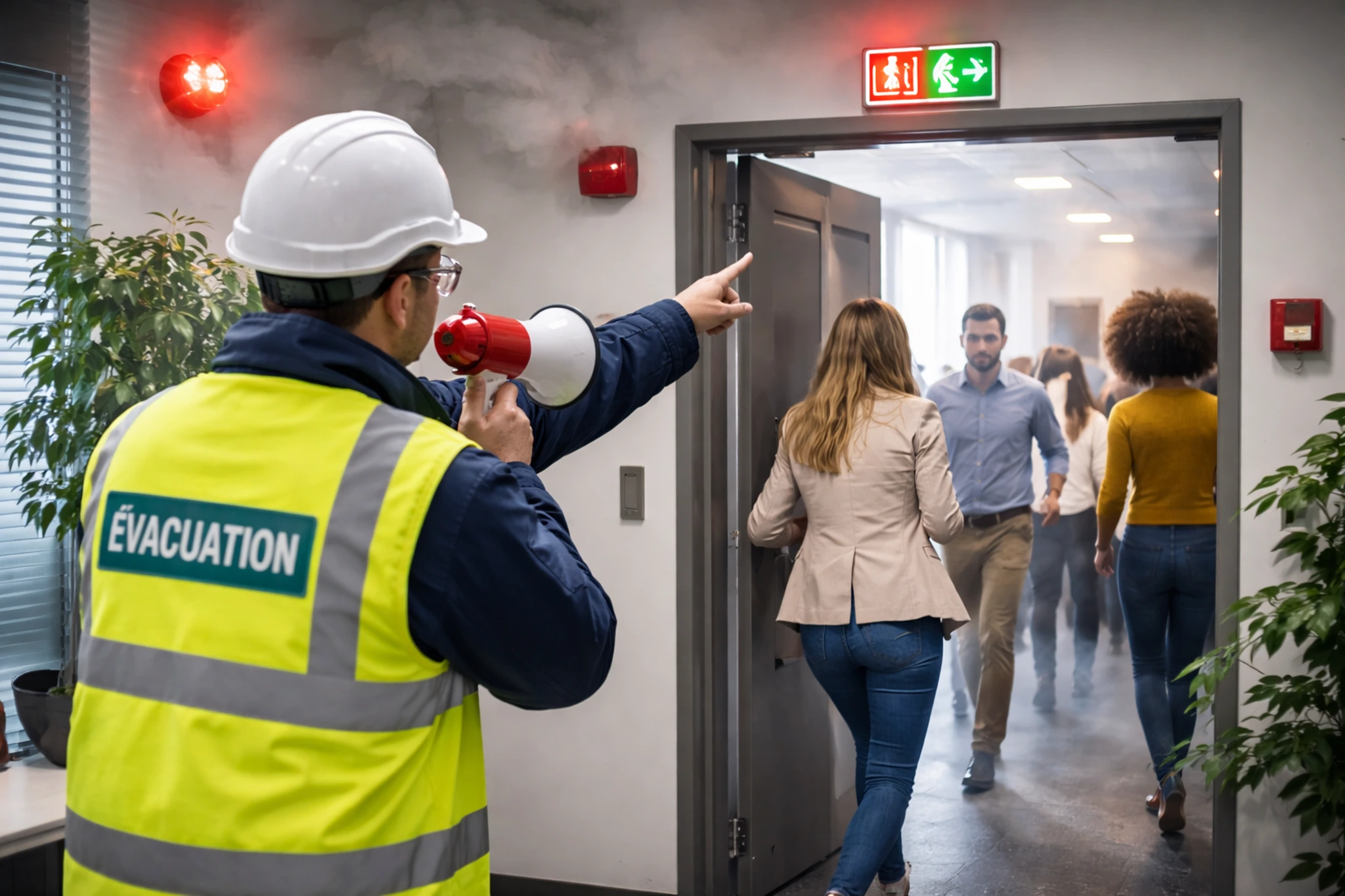 Person in an evacuation vest using a megaphone to direct people towards an exit during an emergency drill with smoke.