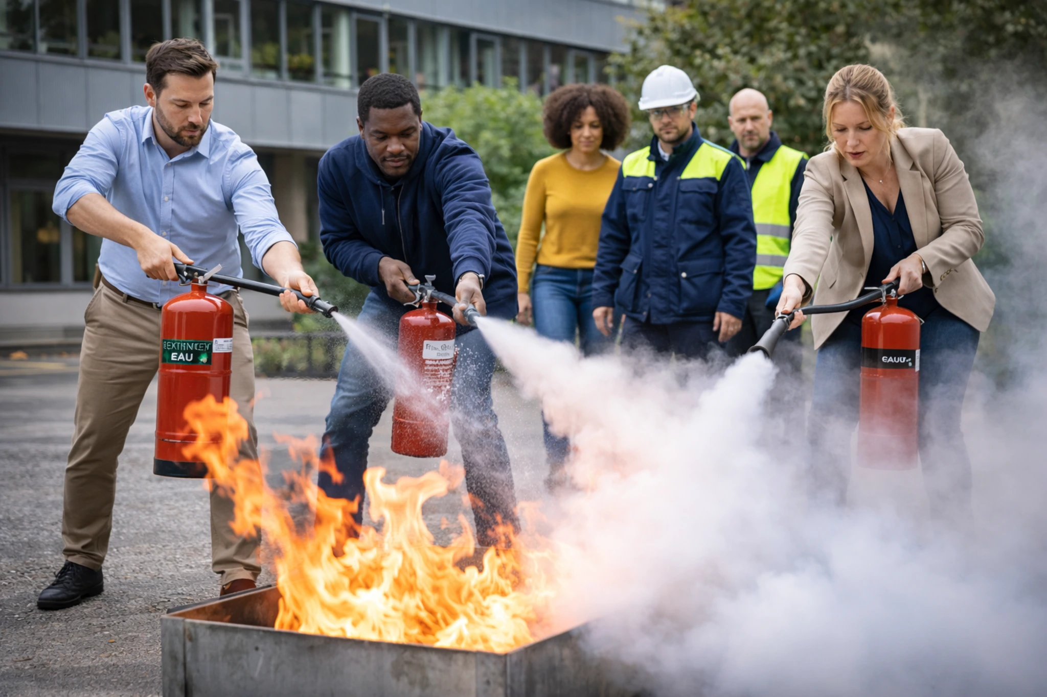Group of people using fire extinguishers to put out a training fire while safety personnel observe.